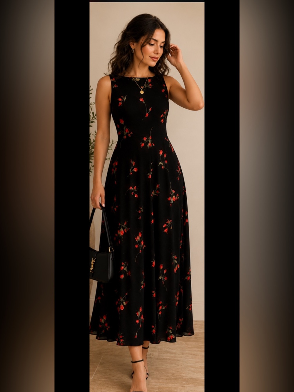 Black Sleeveless Maxi Dress with Red Floral Print